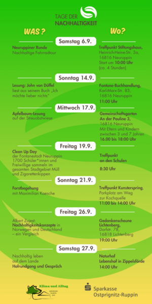 Flyer mit Auflistung verschiedener Veranstaltung während der Tage der Nachhaltig im September 2025 in Neuruppin